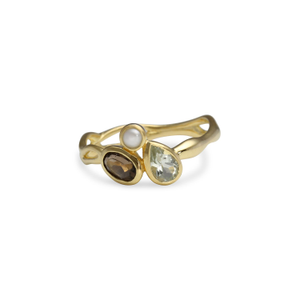 Smoky Quartz, Green Amethyst & Pearl Gold Ring (R (UK))