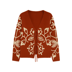 Yumi Brown Folk Embroidered Tie Front Cardigan (L)