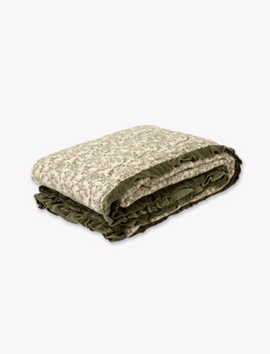Agatha velvet ruffle hand print bedspread olive