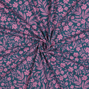 Tissu jersey fleurs - Rose sur fond bleu pétrole