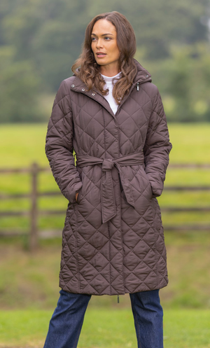Belted Diamond Quilted Coat - Dark Choc