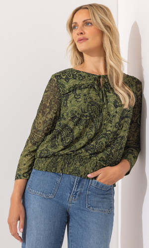 Paisley Print Pleated Top - Greens