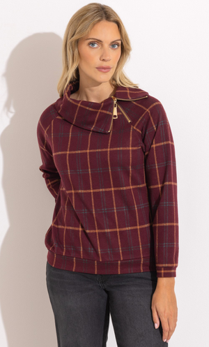 Checked Zip Collar Knitted Top - Berry