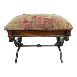 Upholstered Rose Floral Motif Wood Metal Footstool