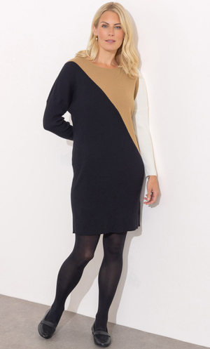 Colour Block Long Sleeve Jumper Dress - Black/Beige/Ivory