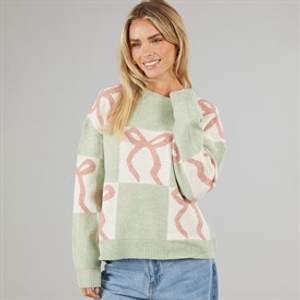 Brave Soul Womens Christmas Grotto Jumper Sage/Ecru/Pink Bow