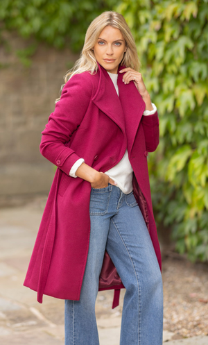 Belted Longline Faux Wool Coat - Berry