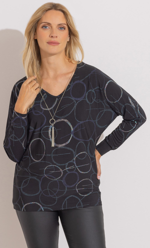 Metallic Circle Print Batwing Top With Necklace - Black/Multi