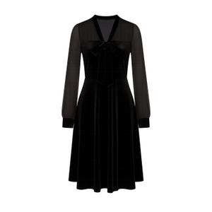 Yumi Black Velvet Pussy Bow Sheer Sleeves Skater Dress (XL)