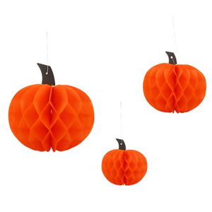 Orange Pumpkin 3D Halloween Honeycomb Paper Hanging Decorations - Pack of 3