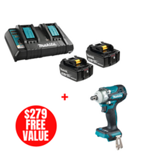 Makita MAK-Y-00359-DTW300XVZ DC18RD Dual Charger + 2x 5.0Ah Batteries with 18V 1/2in Cordless Impact Wrench
