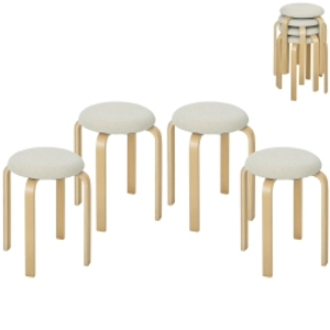 HOMCOM Taburetes acolchados, juego de 4, apilables, superficie lacada, patas de madera, Blanco crema