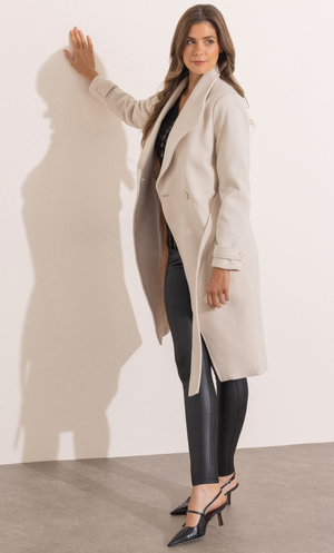 Belted Longline Faux Wool Coat - Ivory