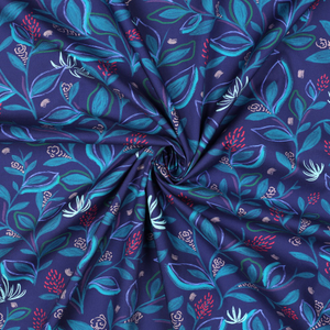 Tissu popeline de coton fleurs et feuilles - Bleu