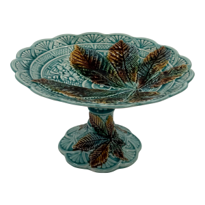 Majolica Pedestal Plate With Turquoise Scalloped Edge & Brown Fall Leaves
