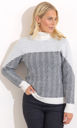 Roll Neck Patterned Jumper - Black/Ivory