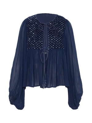Arianna Dark Navy Velvet Sequin Panel Throw-On Tie Blouse (M)