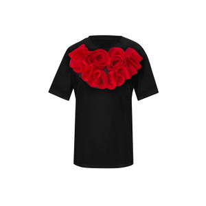 Flower Black Cotton T-Shirt With Red Chic Central Flowers (XXXL)