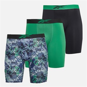 Reebok Mens Decker Three Pack Long Performance Trunks Green/Green Print/Black