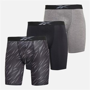 Reebok Mens Denver Three Pack Long Performance Trunks Grey Marl/Black Print/Black