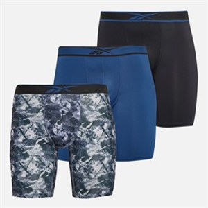 Reebok Mens Derek Three Pack Long Performance Trunks Black/Grey Print/Batik Blue