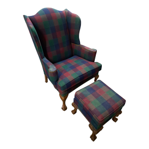 Vintage Drexel Plaid Ball Claw Foot Wingback Chair and Ottoman