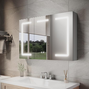 ELEGANT 900 x 600mm LED Illuminated Mirror Cabinet with Touch Sensor, Anti-Fog & Shaving Socket, Grey
