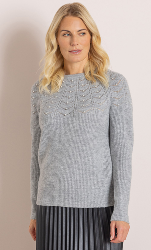 Faux Pearl Embellished Jumper - Grey