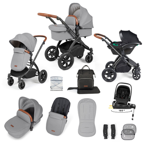 Ickle Bubba Stomp Luxe 12 Piece Travel System with i-Size Nimbus Car Seat & Spin ISOFIX Base - Black / Pearl Grey / Tan