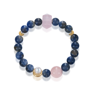 Gentle Release / Lunar Phase& Pearl Moon Gold Vermeil Kyanite Rose Quartz Crystal Bracelet (6")
