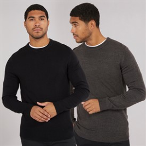French Connection Mens Cash Two Pack Crew Neck Jumpers Multi 1 - Black/Charcoal Mel