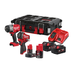 Milwaukee M18FPP2AQ2-564P 18V Cordless M18 1/2" High Torque & M12 3/8" Compact Impact Wrench Twin Pack With 4 x Batteries, Charger & Case