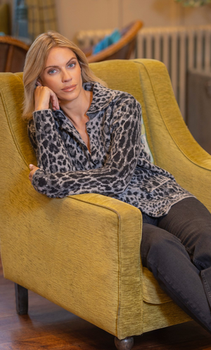 Collared Animal Print Cardigan - Grey
