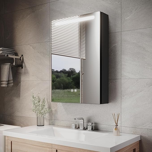 ELEGANT 485 x 700mm LED Bathroom Mirror Cabinet with Touch Sensor, Dimmer, Anti-Fog, and Shaving Port, Black