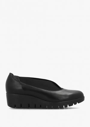 Cora Black Leather Elasticated Crossover Wedge Shoes