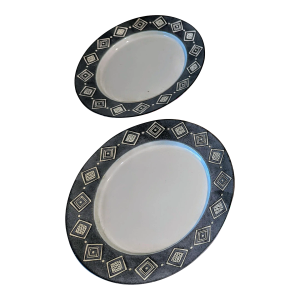 1990s Pottery Barn Bongo Black Stoneware Salad Plates Aztec Japan Set of 2
