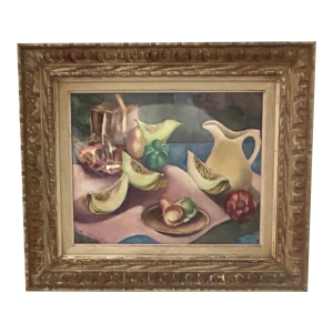 1961 Folk Art Pastel Still Life Painting by Jack Spiegal, Framed