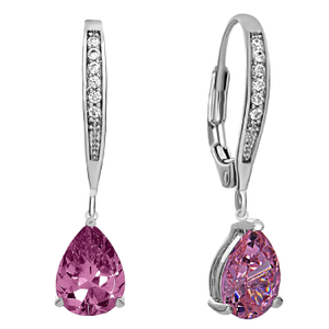 Dazzling Sterling Silver White Gold Plated With Sparkling Pear-Shaped Pink Cubic Zirconia Dangle Earrings