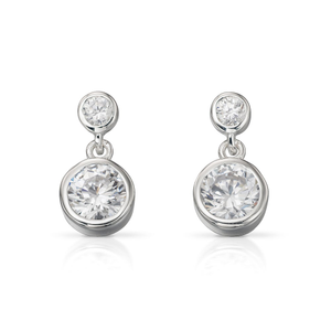 Signature Silver Bezel Set CZ Double Drop Earrings