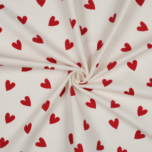 Tissu flanelle blanc cassé - Coeurs rouge