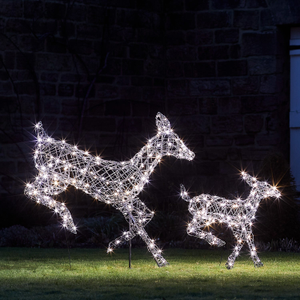 Solar Powered Regular Harlow Rattan Doe & Fawn Dual Colour LED Light Up Reindeer