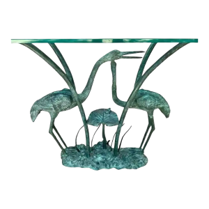 Labarge Bronze Crane and Lily Pad Glass Top Console Table