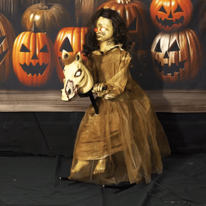 1m Halloween Animatronic Zombie Girl On Rocking Horse With Lights & Music