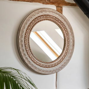 Novara 90cm Carved Round Wall Mirror - Natural