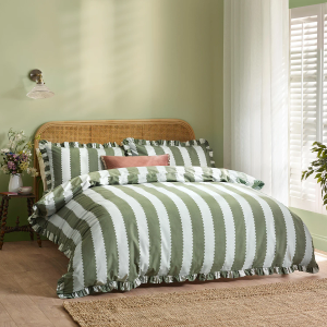Birdie Stripe Ruffle Duvet Cover Set - Green King Size 220x230cm