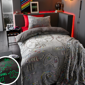 Game Over Fleece Glow in the Dark Duvet Cover - Black Double 200x200cm