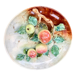 Large Antique French High Relief Majolica Wall Platter of Apples on a Vine