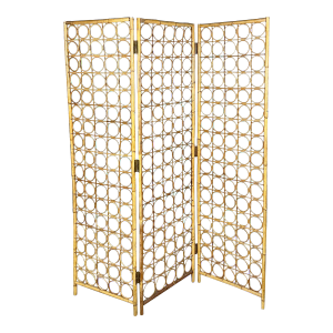 1970’s Mid Century Boho Chic Bamboo & Rattan Circles Design Motif 3-Panel Room Screen Divider