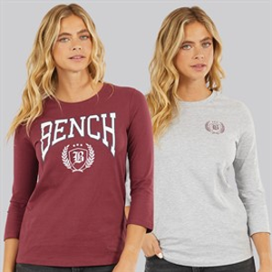 Bench Womens Two Pack 3/4 Sleeve T-Shirts Cordovan Grey Marl