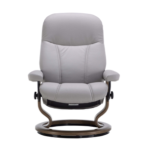 Stressless Large Consul Leather Recliner Chair & Footstool In Batick Platinum Grey With Smoked Oak Classic Base